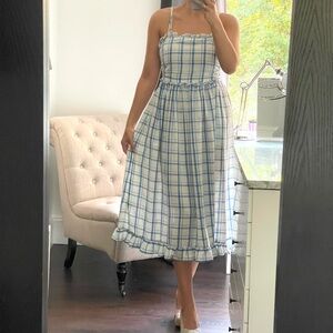New! Blue and White Plaid Women's Midi Dress with Thin Straps Size S